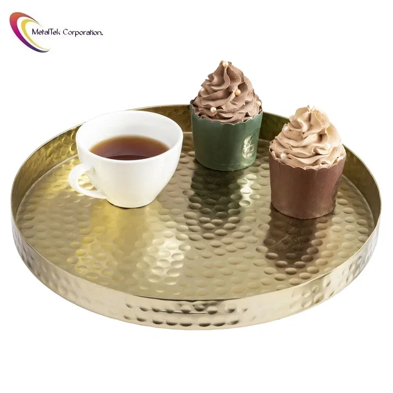 Wholesale luxury textured tray for home hotel restaurants cosmetics toiletries and jewelry hammered design gold plated finishing