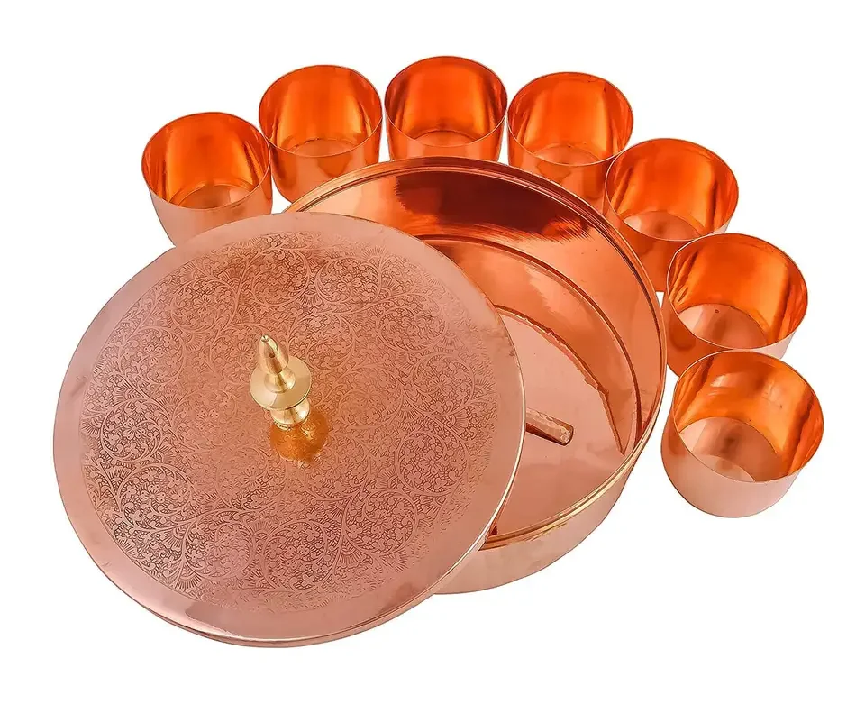COPPER Spice Box/Masala Dabba For Kitchen With Lid, 7 Spice Containers And 1 Designer Spoon, Masala Canister
