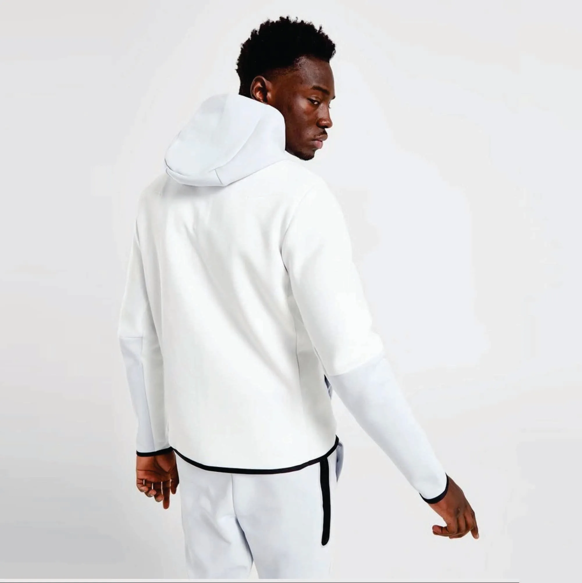OEM Design 69% Cotton 31% Polyester White Men Tech Fleece Tracksuit Full Zip Hoodie Joggers Sweatpants Sweatsuit