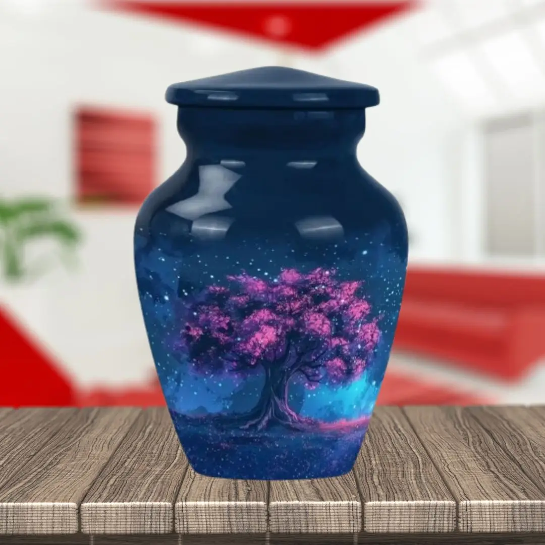 Starry Cherry Tree Cremation Urn Deep Blue with Pink Blossoms Decorative Modern Ashes Urn Space Tree Art Vase for Sale