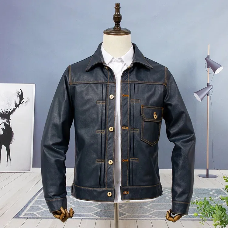 Shop Best.Classic Casual Style Natural Leather Coat.Men Quality Denim Cowhide Jacket.slim Cloth.natural Derme
