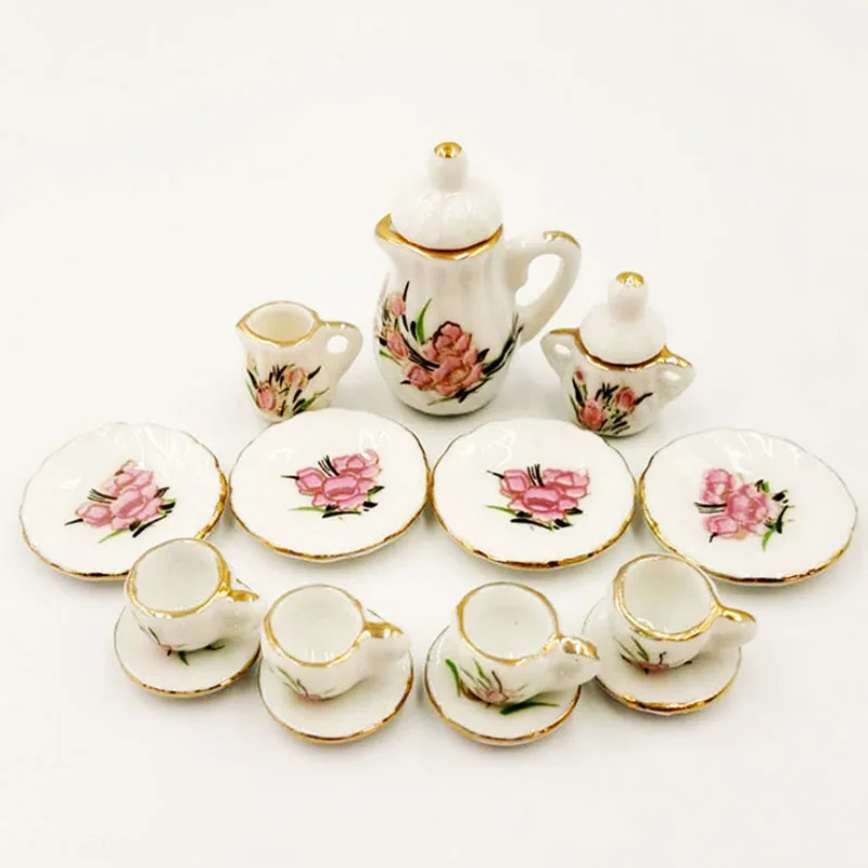 15 pieces :Doll house Miniature Tableware Ceramic Coffee Tea Set Porcelain Tea Cup Set Flower pattern Tableware Toy Store