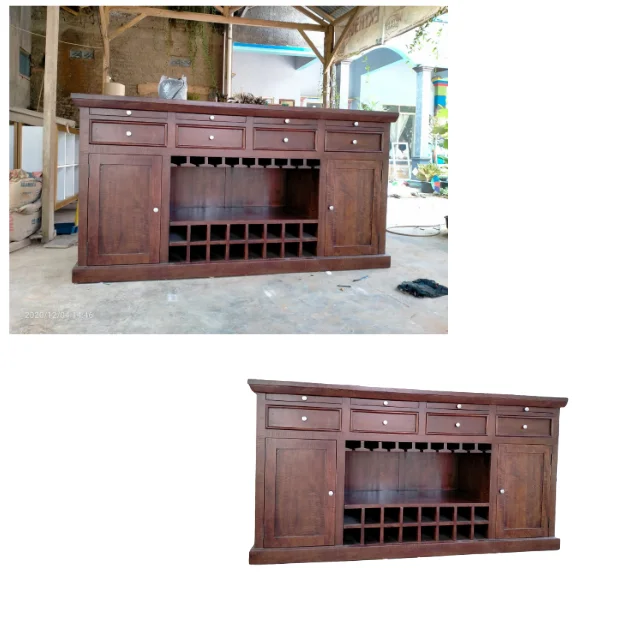 Home Bar Furniture Mahogany Wood Wine Bar Cabinet with Wine Bottle Rack and Glass Holder Luxury Wine Cabinet for Dining Room