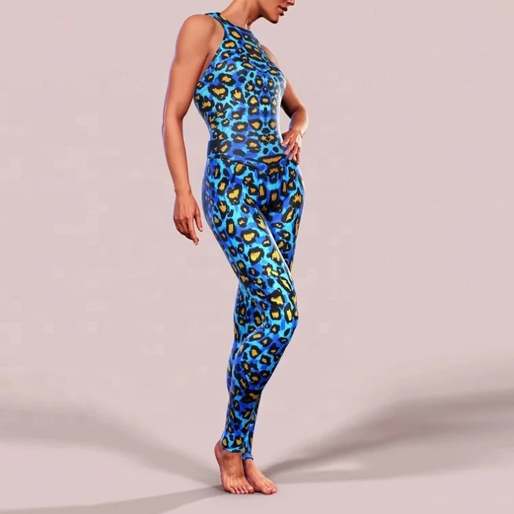 Workout Custom Printed Leopard Pattern Tight Sleeveless Yoga Jumpsuit For Women by Punchin SPorts