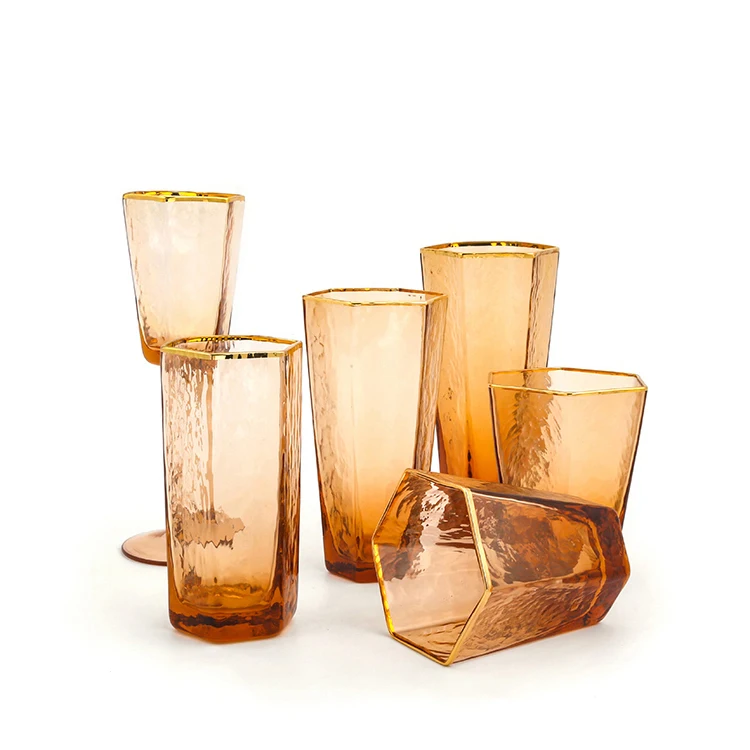 Fancy cocktail glasses sets amber goblets with gold rim vintage glass water