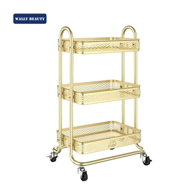 Wallybeauty multifunction beauty salon gold metal 3 tiers storage rack trolley cart with wheels