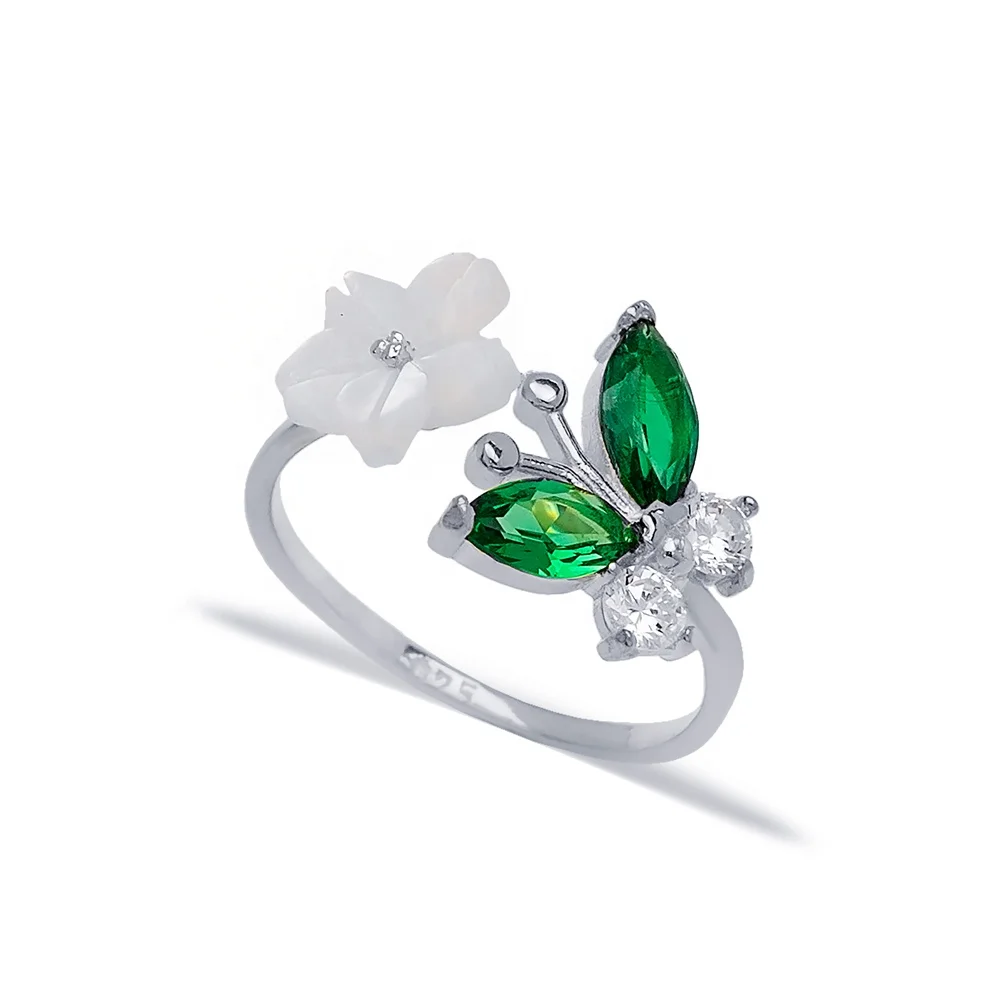 Fresh Trend Women Ring Butterfly Flower Design Emerald Adjustable Ring Turkish Silver Jewelry Fine Jewellery