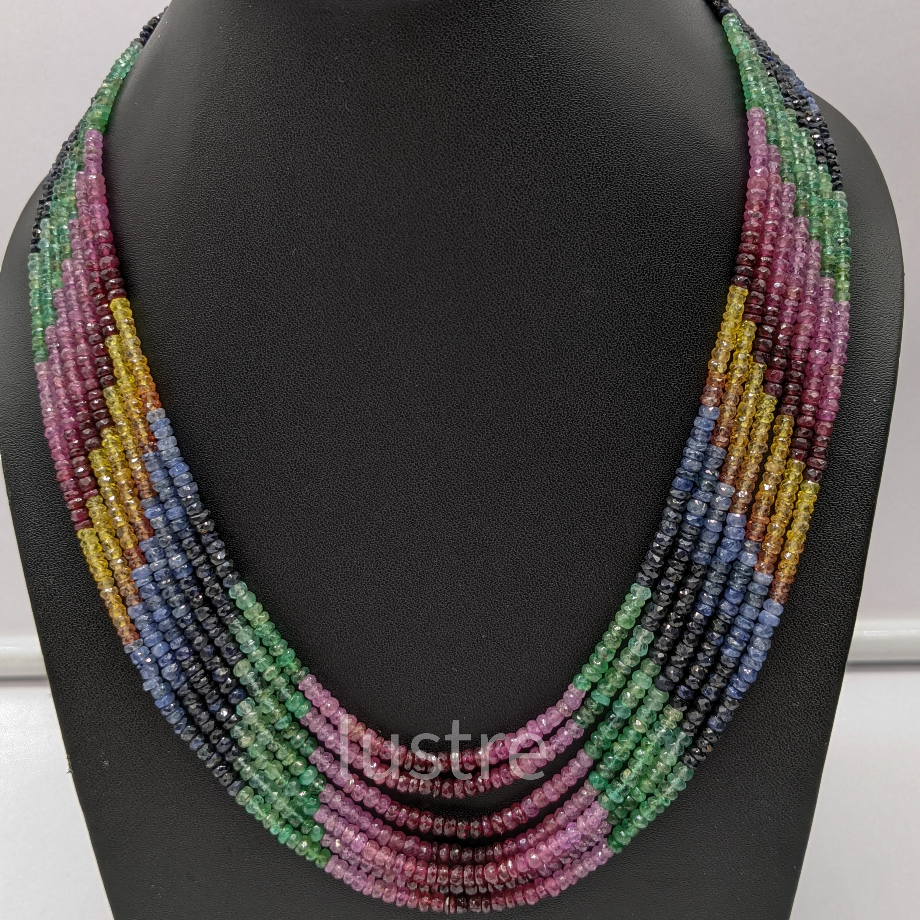 Multi Sapphire Necklace Natural 7 Layer Beaded Necklaces 3.5 - 4.5 mm Multi Color Precious Faceted Rondelle Beaded Necklace