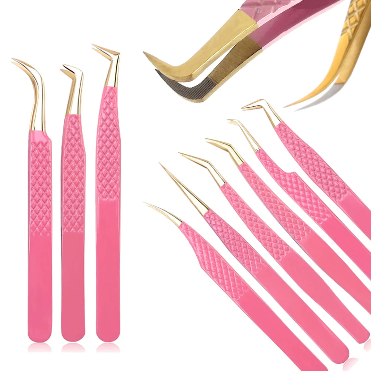 Pink Color Fiber Tip Eyelash Tweezers Colt Volume Diamond Grip Tweezers Stainless Steel Extension Eyelash Tweezers