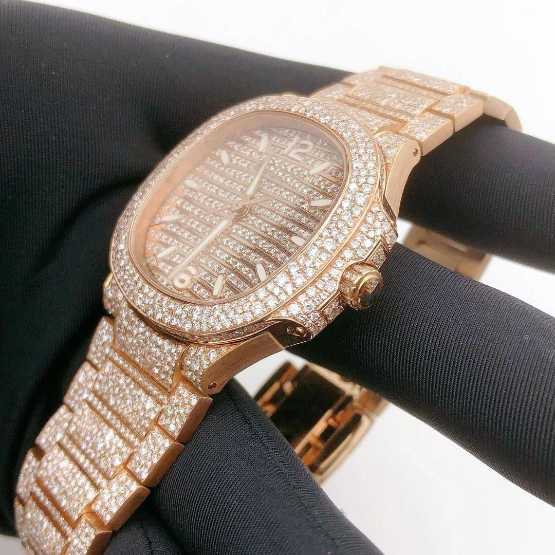 Yellow Gold Tone Watch Handmade Watch, Automatic Movement Watch For Men, Fully Iced Out Swiss ETA Diamond Wrist Watch