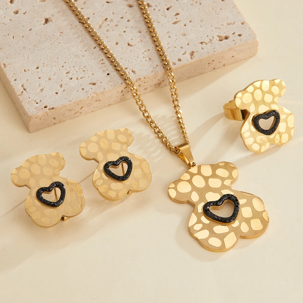 Women Cute Jewellery Set In Stainless Steel Lovely Bear Girl Necklace Pendant 18K Gold Plated Jewelry Sets