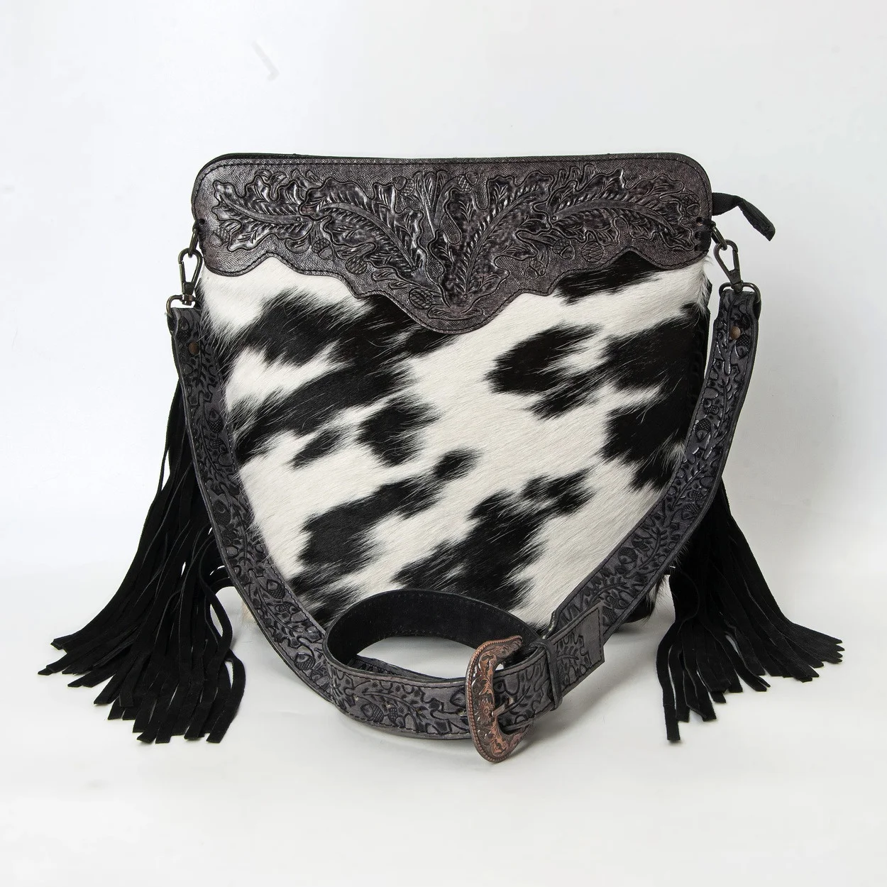 Leopard Print Cross Body Bag With Oak Leaf Pattern Hand Tooled Cowhide Patch on Top Hairon and Fur Leather Adjustable Straps