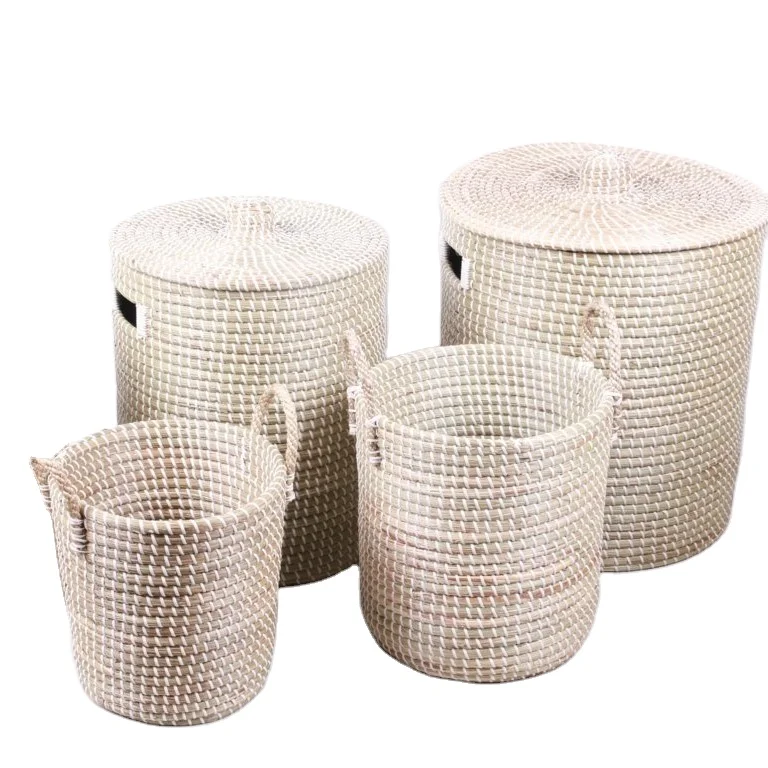 Round Basket with Lid and Handles  Storage & Laundry Hamper  Handwoven Natural Coiled Seagrass Basket