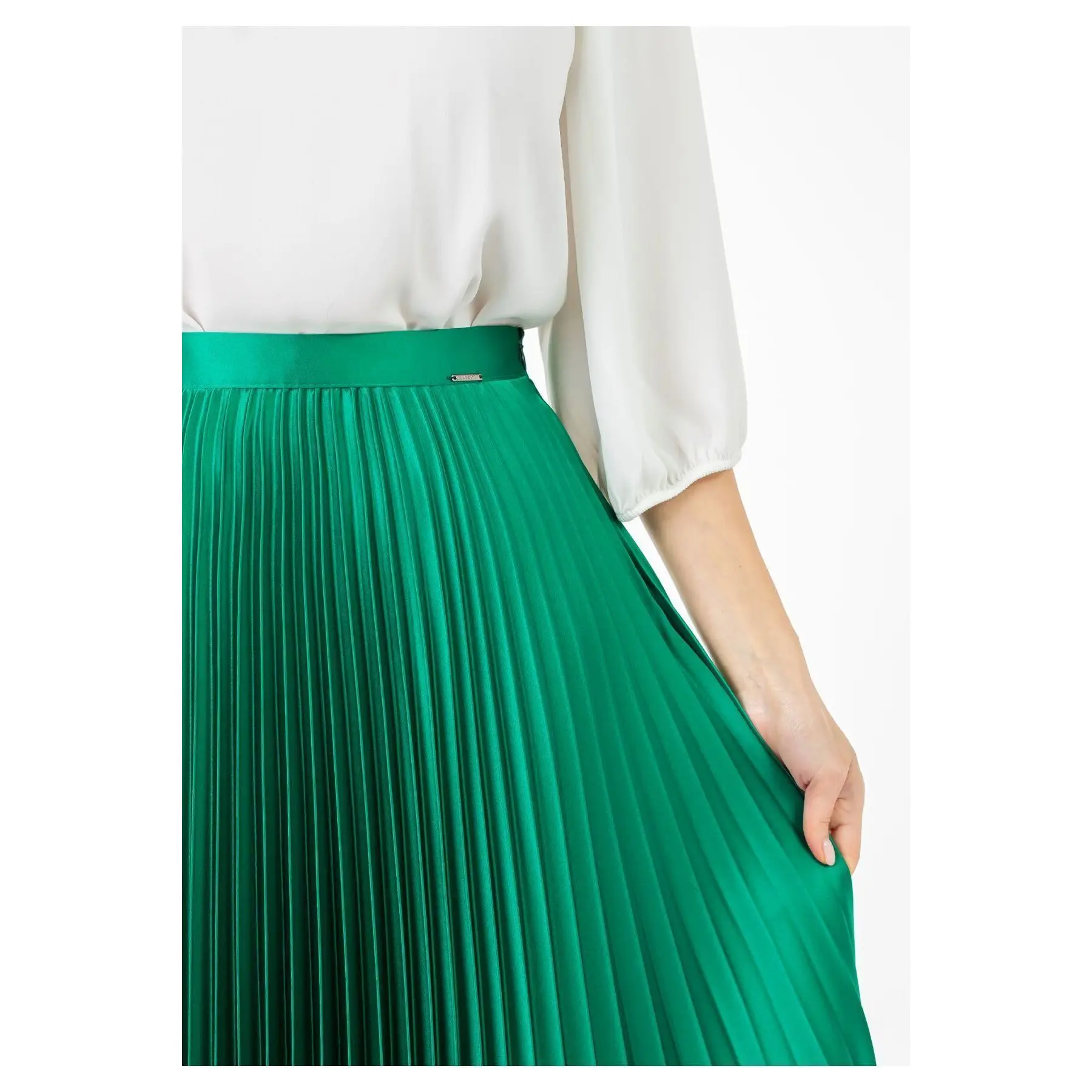 Maxi Length Satin Green Pleated Skirt