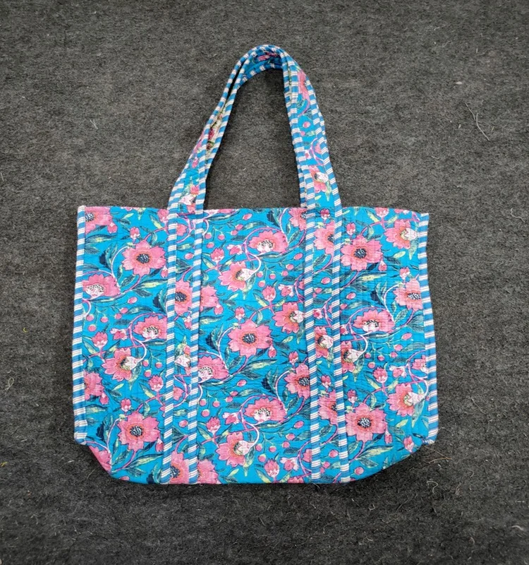 Multi Patchwork Hand Quilted Tote Bag Beautiful Women Shopping Bag Sustainable cotton bag with contrast color decorative pining