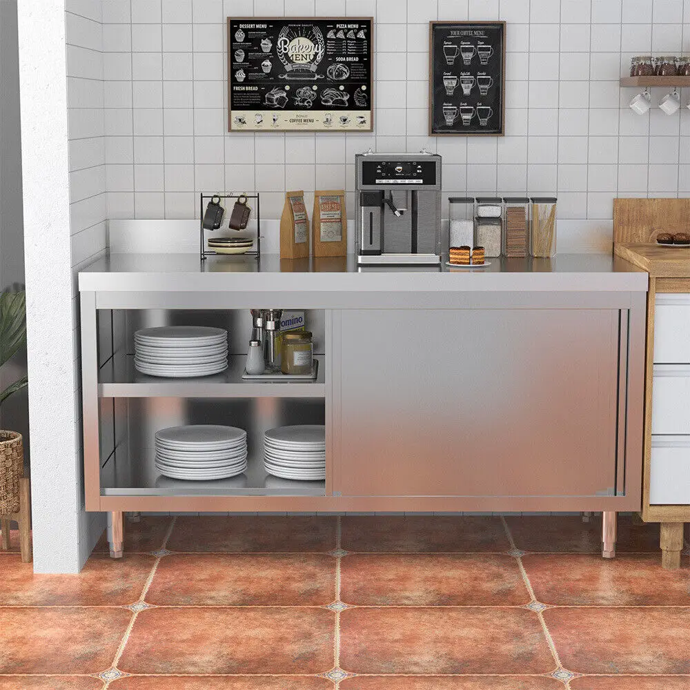 Stainless Steel Commercial Kitchen Work Table with Sliding Door Storage Cabinet
