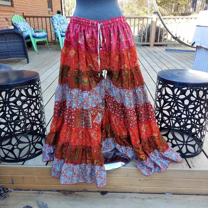 Boho Gypsy Hippie Patchwork Maxi Skirt One Size S to 2X Super High Quality Silk Wide Leg Palazo Pant