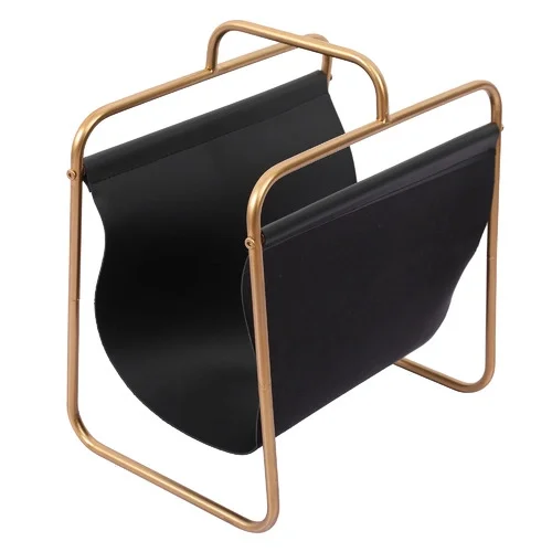 Hot Selling Bedroom Decorative Magazine Rack Book Stand In Bulk Quantity Brown Leather Golden Metal Frame Newspaper Floor Holder