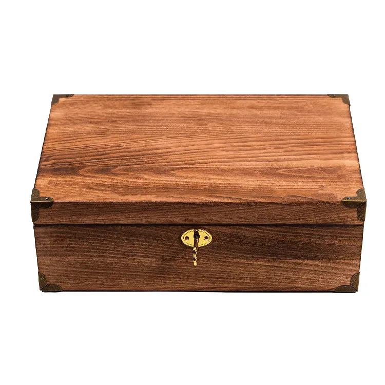 Classic Design Rectangle Burned Wood Decorative Storage Keepsake Box with Lid