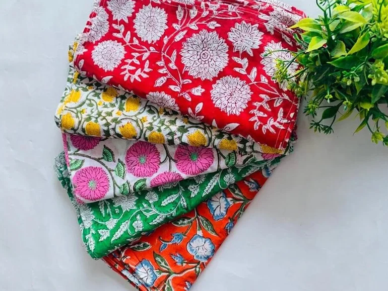 Wholesale Lot of Hand Block Cotton Napkins Assorted Scallop-Edged Kitchen Napkins in Rajasthani Colours