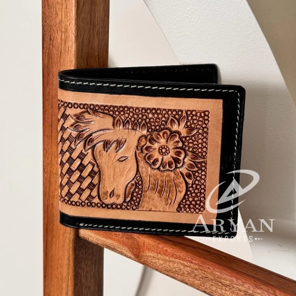 Leather Wallet Hand Carved Men Leather Tri Fold Wallet Personalized Hand Tooled Fancy Leather Purses New Stylish Unique wallet