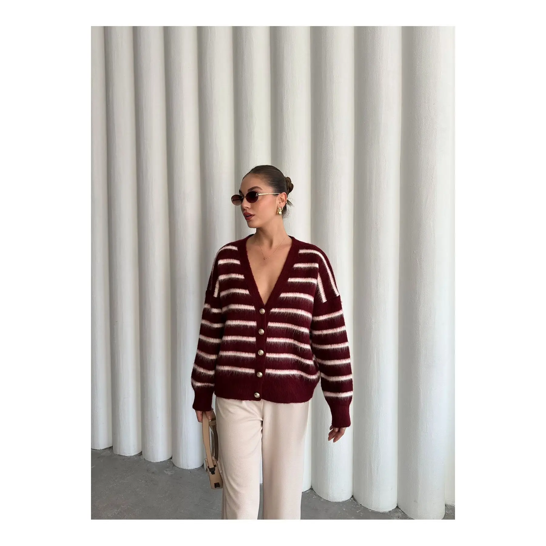 Bordo - Ekru Yumoş Enine Çizgili Hırka - 4584