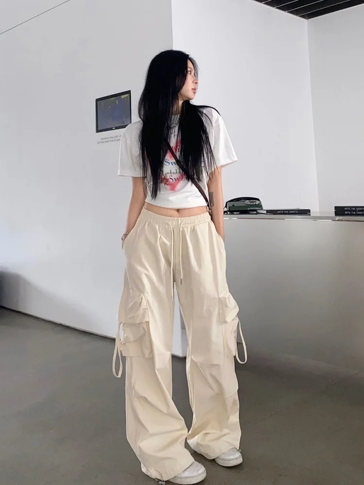 2024 Women korean baggy pants wide leg cargo pants casual solid beige fashion work trousers wholesale pants