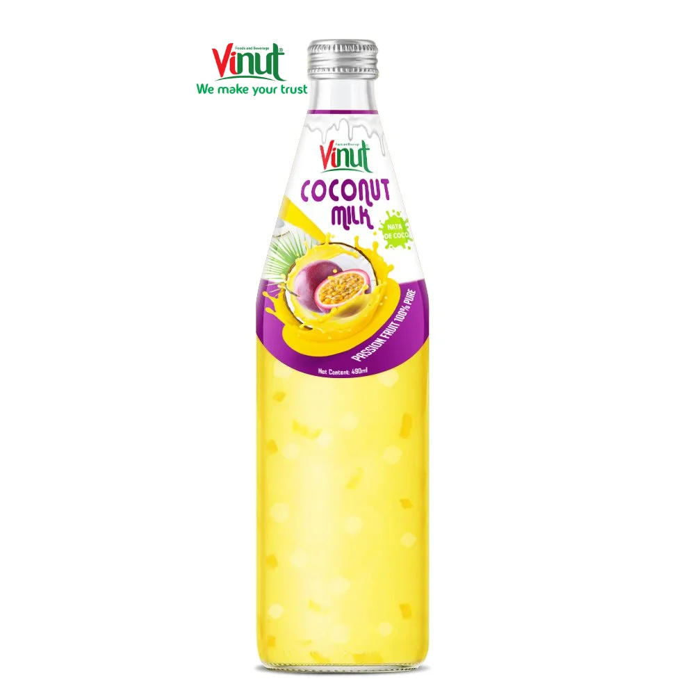 490ml Glass Bottle VINUT Coconut milk drink with Passion fruit and Nata De Coco Coconut milk juice UHT
