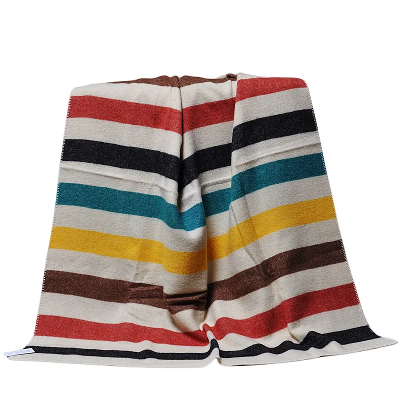 BLUE PHOENIX wool blanket throws multiple color horizontal vintage stripes luxury cozy soft whipstitch  for couch