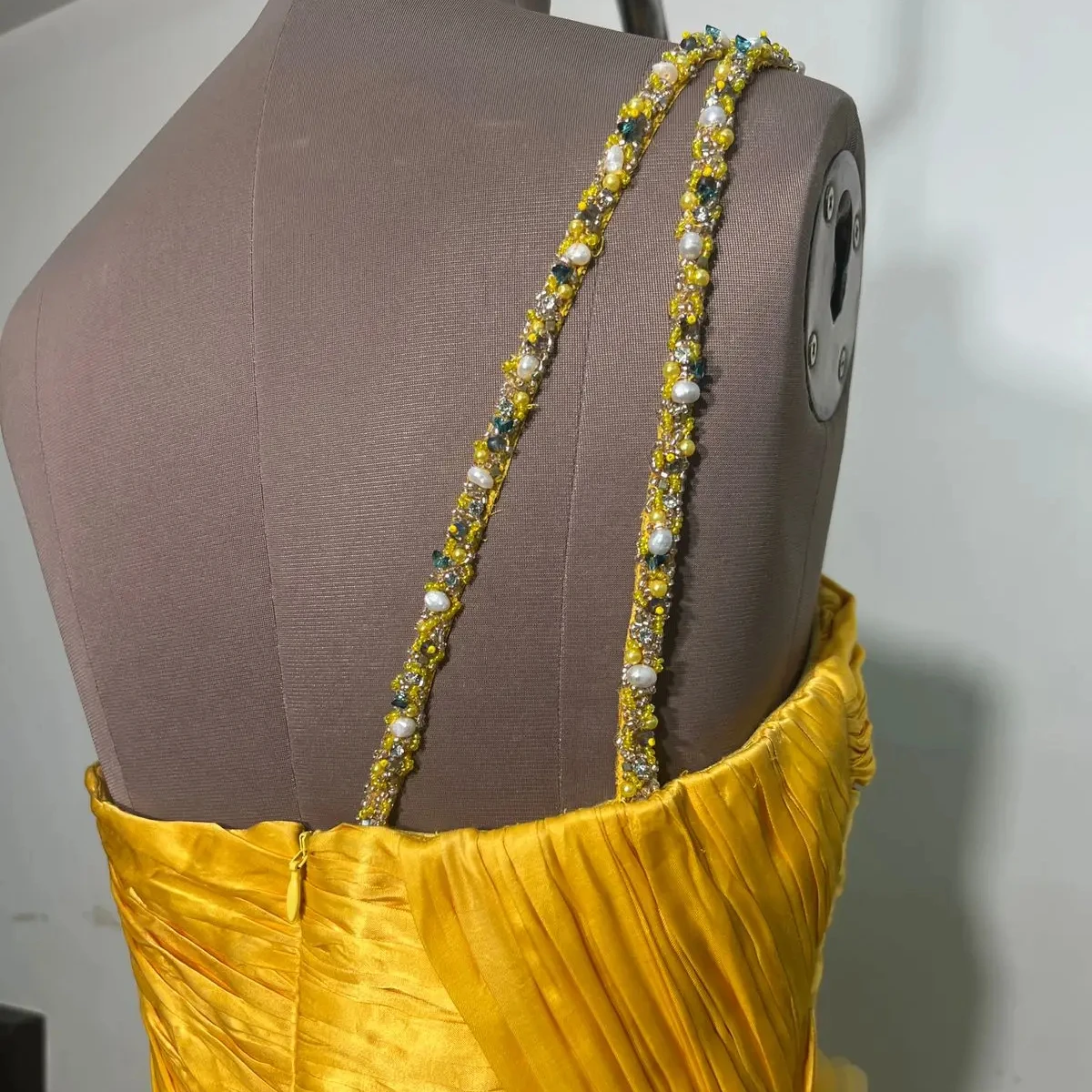 Luxury Evening Wear Yellow Gown One Shoulder For Women Party Wear Summer Brunch Prom Wear Gown Heavy Hand Work