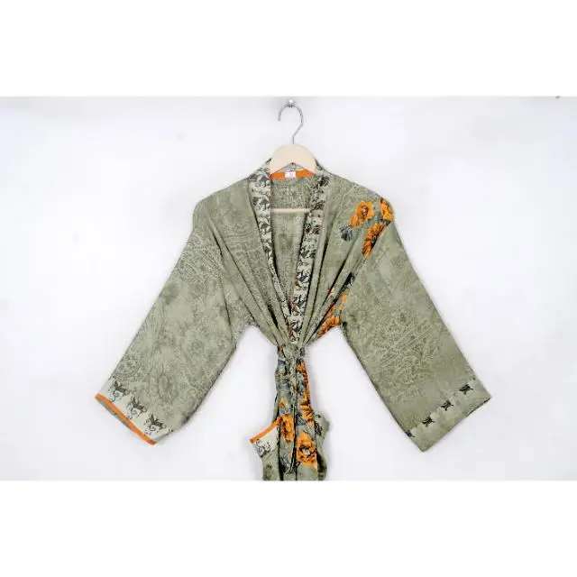 Japanese Kimono Recycled Silk Saree Kimono Women Light Weight Long Silk Kimono Indian Handmade Patchwork Silk Robe