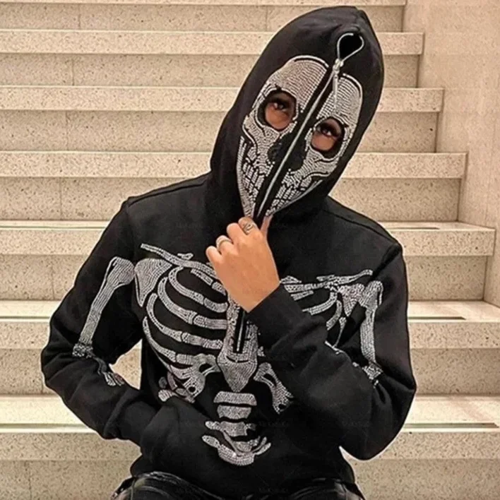 Custom street wear y2k skeleton hoodie half zipper bone skulls hoodie full face zip up rhinestone hoodie men