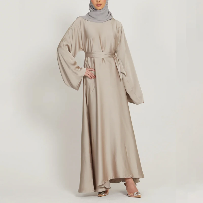 Custom Abaya Femmes Robe Musulmane Crew Neck Solid Color Women Maxi Dress Ladies Satin Muslim Long Dress Islamic Clothing