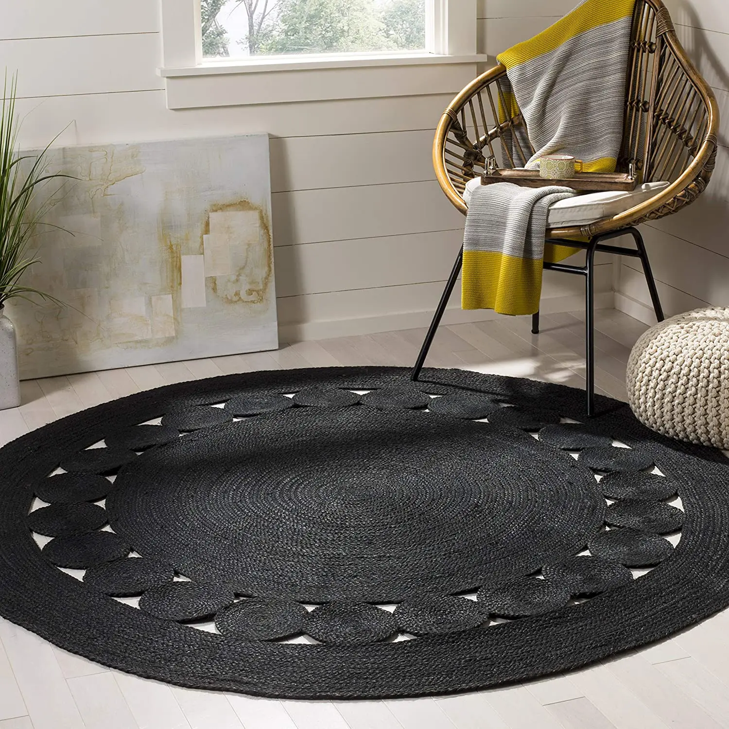 Natural Fiber Round Collection Round Black Handmade Boho Charm Farmhouse Jute Area Rug