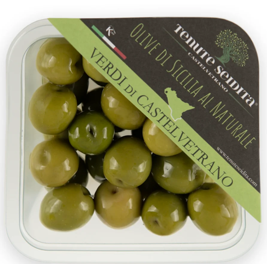 Best Italian table green olives Nocellara hand-picked in brine 160g container gourmet