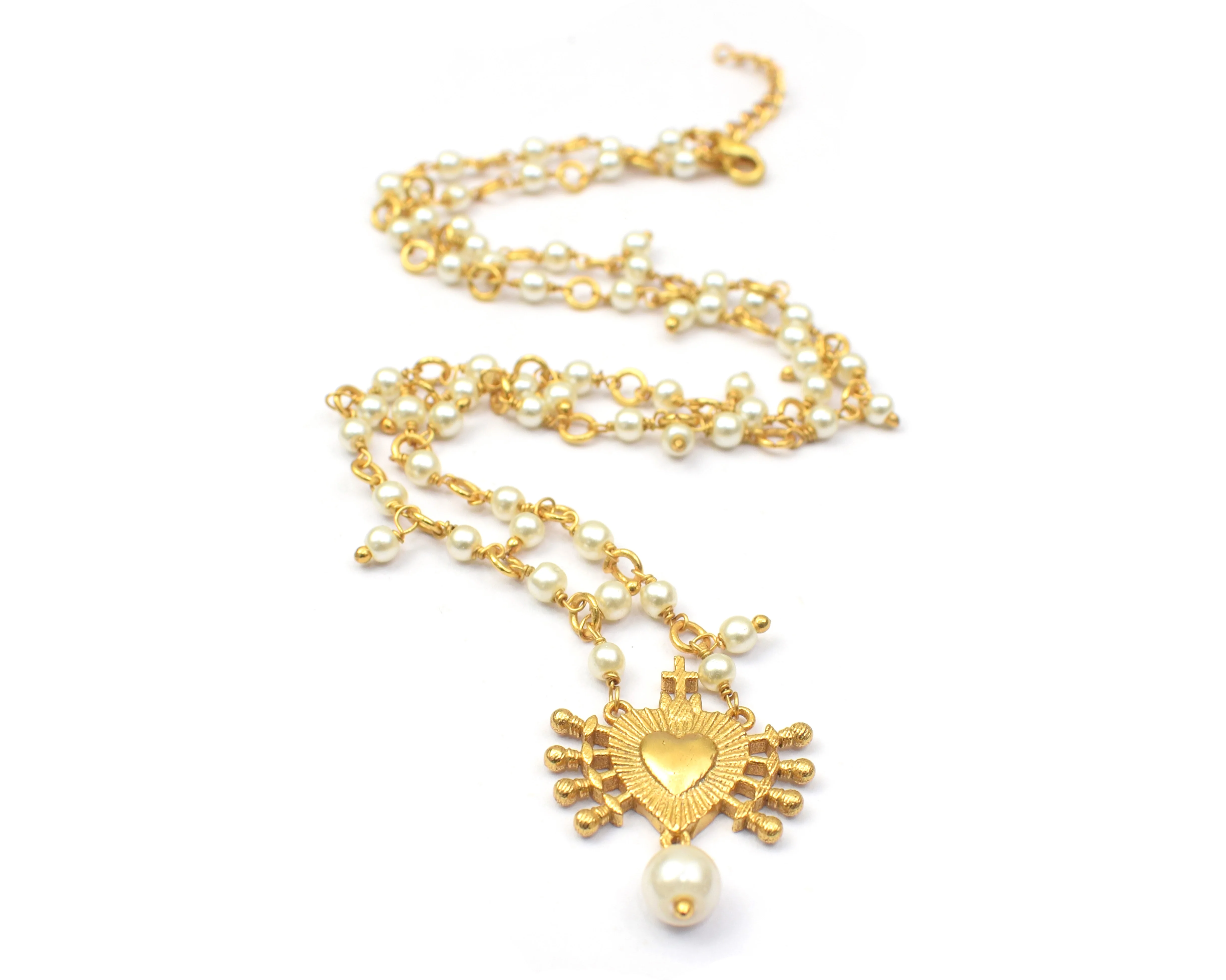 Heart Shape 3 Micron Gold Plated Handmade Design Fashionable Gift For Her Pearl Beaded Chain Necklace