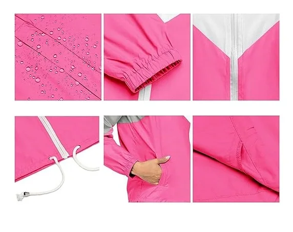 Windbreaker Hoodie Jacket Coat for Womens Fashion Track Anorak Ripstop Breathable Quick Dry Cotton Lining Patchwork Packable
