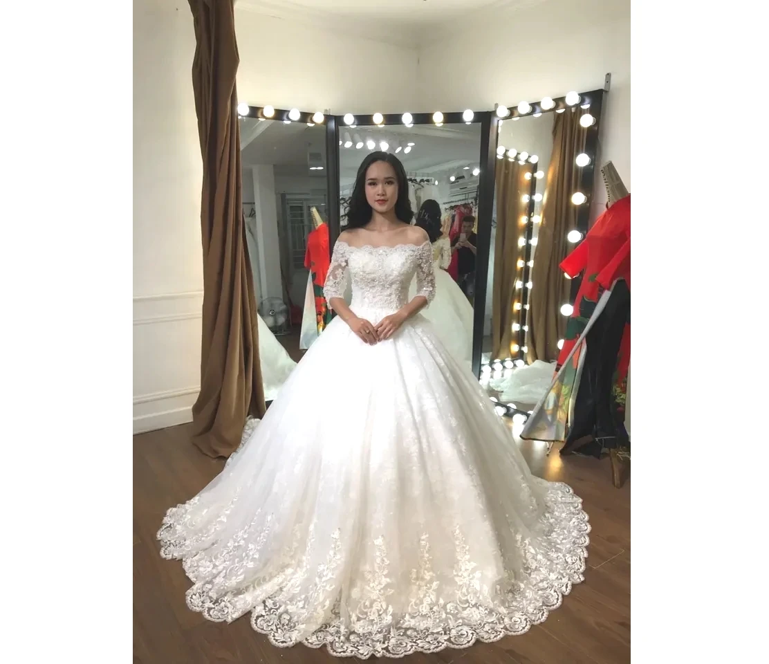Elegant Illusion Long Sleeve Bridal Ball Gown Wedding Dresses by handmade TNBP59 Best quality