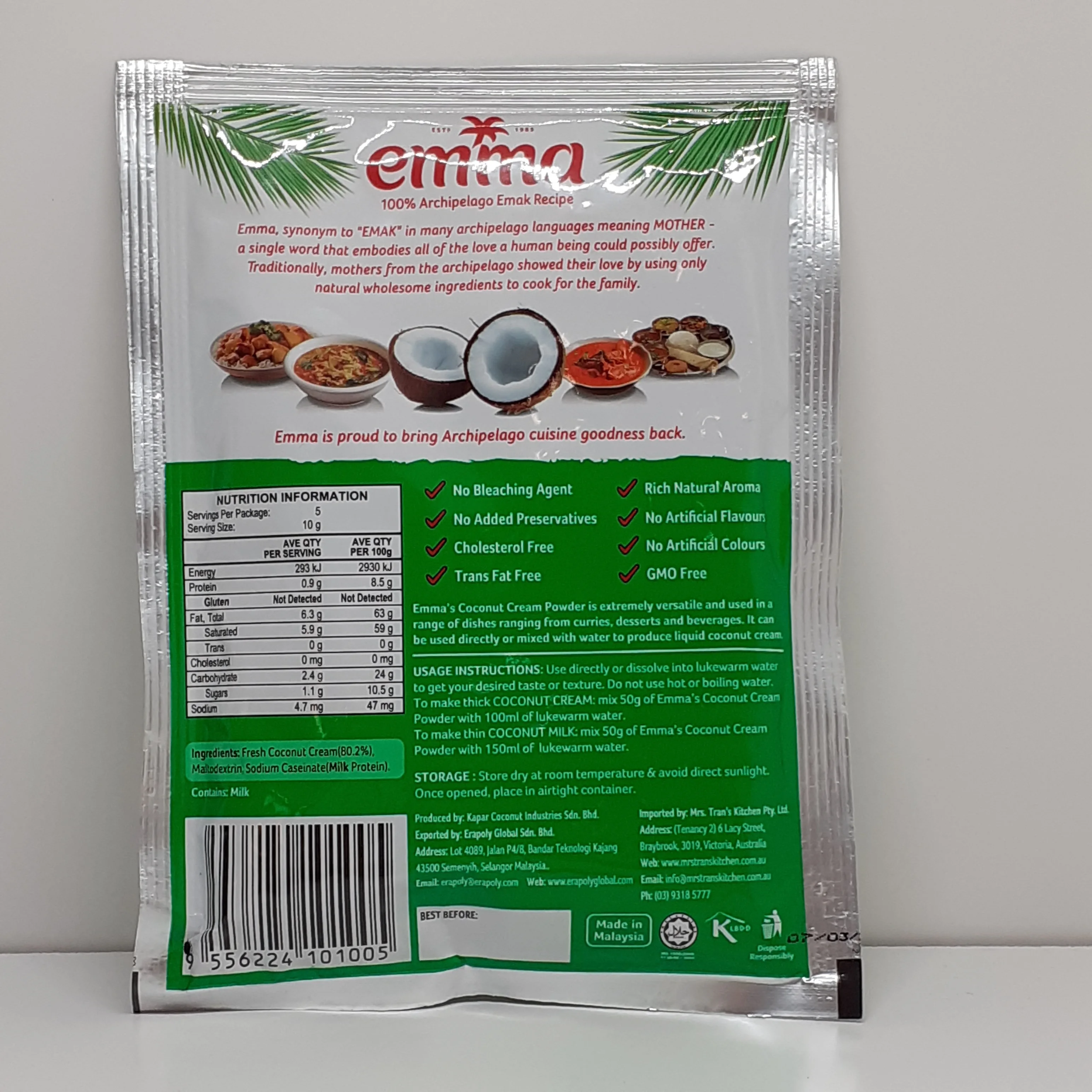 Cheapest Price 50g Weight Malaysia Coconut Milk Powder Fat Content 63% Green Packing Natural Sweet Coconut Vacuum Pack