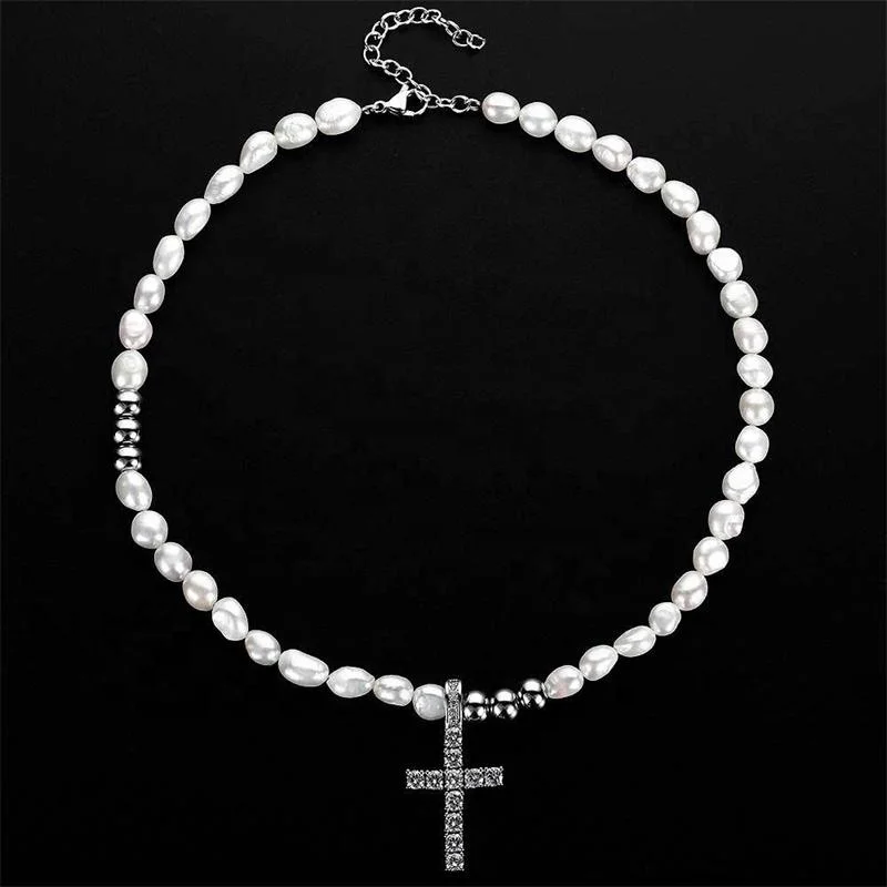 Hip hop brass and zircon cross pendant with natural pearl chain necklace for women men