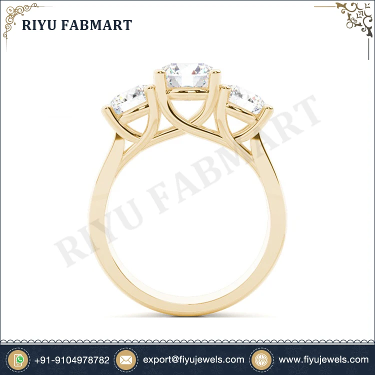 Beautiful Design 18k Gold Round Brilliant Cut Diamond Three Stone Ring Real White Diamond Ring with Freshwater Pearl