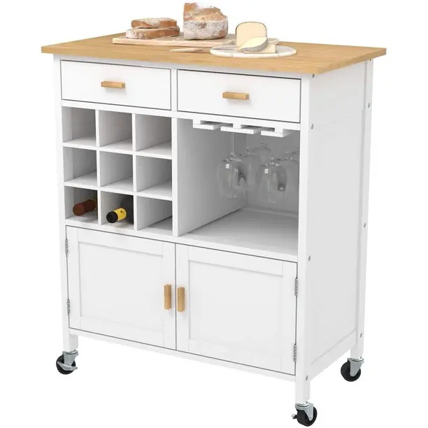 Modern Wood Top Mobile Kitchen Island, Rolling Kitchen Trolley Cart on Wheels with Wine Racks and Storage Drawer Cabinet