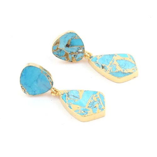 2023 New Trendy Mohave Sky Blue Copper Turquoise Double Stone Stud Dangle Earrings 24k Gold Plated Push Back Teardrop Earrings