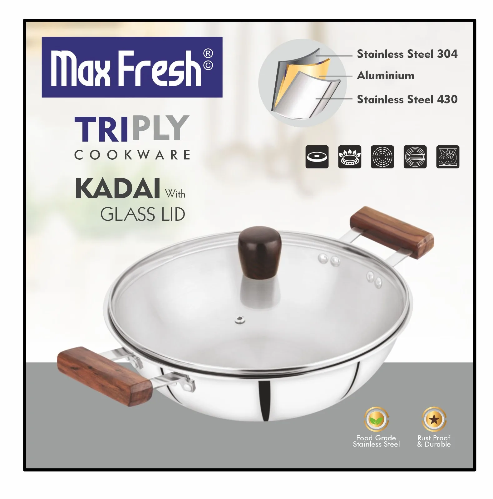Maxfresh Premium Triply Cookware Set with Attractive Glass Lid and Wooden Handle Modern Design Sustainable Metal Kadai