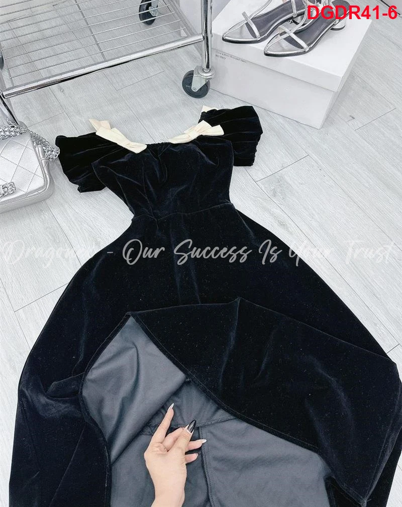 Long Black Dress With Bow Tie At The Collar And Short Fluttering Sleeves Street Style For Pretty Girls Best Selling Good Quality