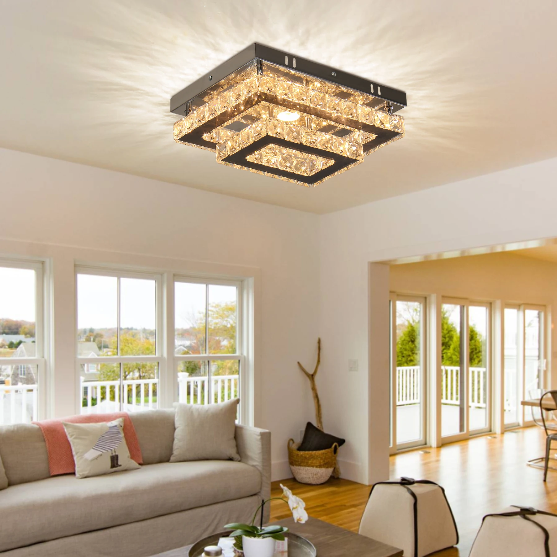 Dimmable Rectangular LED Crystal Ceiling Light  Double Layer Flush Mount Chandelier lamp Fixtures for Living Room Dining Room