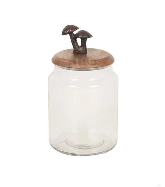 Storage Jars For Kitchen & Table Top Decoration Set Of 3 Clear Glass Round Box With Mango Wood LID Natural Colour Medium Size