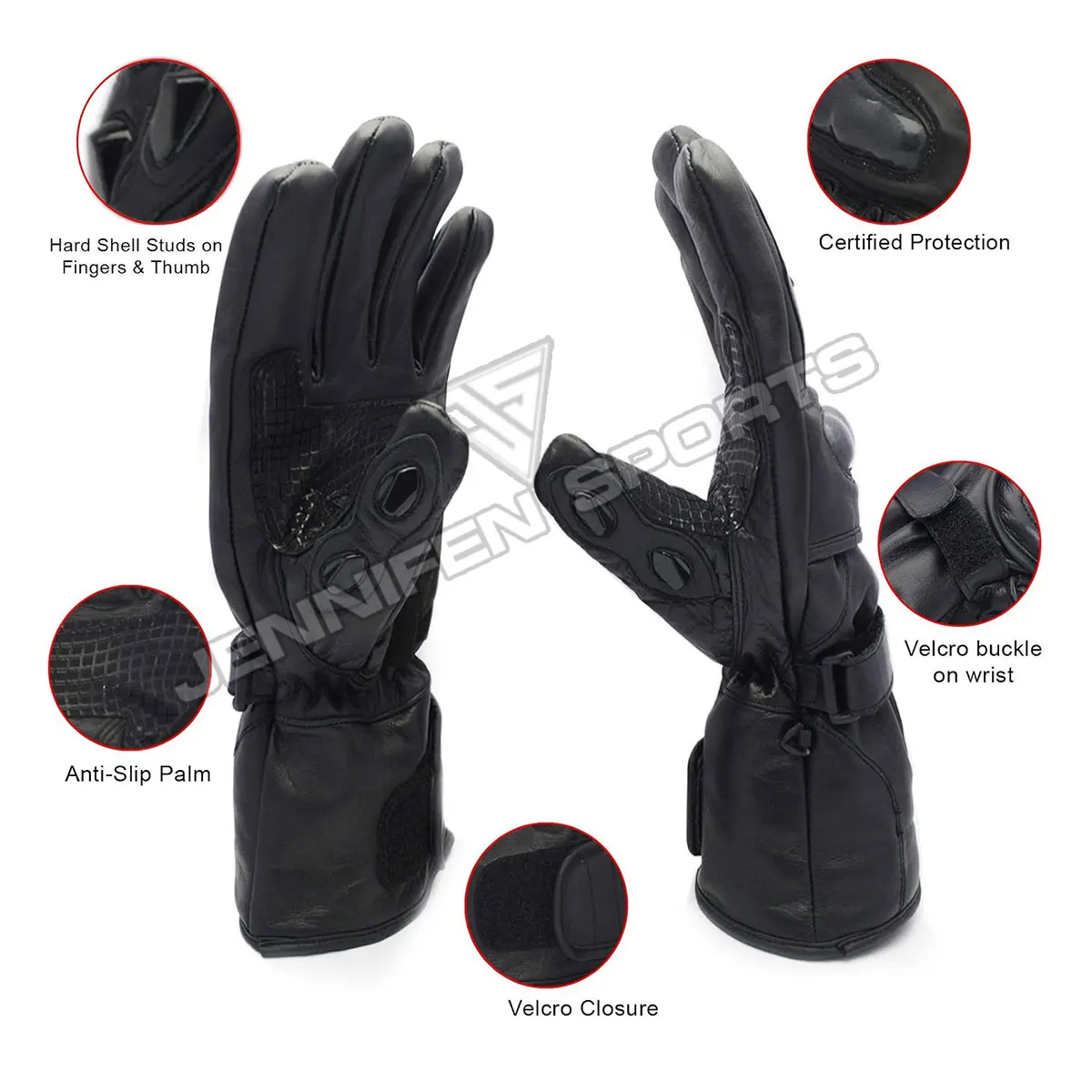 Motorbike Leather Gloves Hard Shell Studs On Fingers&Thumbs Genuine Goat Leather/Anti Slip Neoprene Palms Inside Fleece Lining