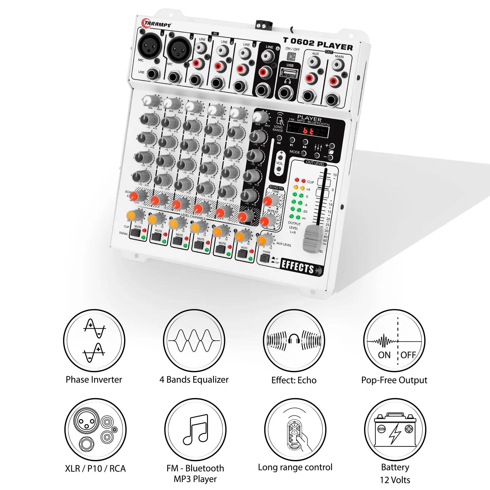 Taramps Audio Mixer T0602 Player 6 Input Channel 2 Output  Remote Control USB FM MP3 DJ Mixer Bluetooth Equalizer Effect Echo FX