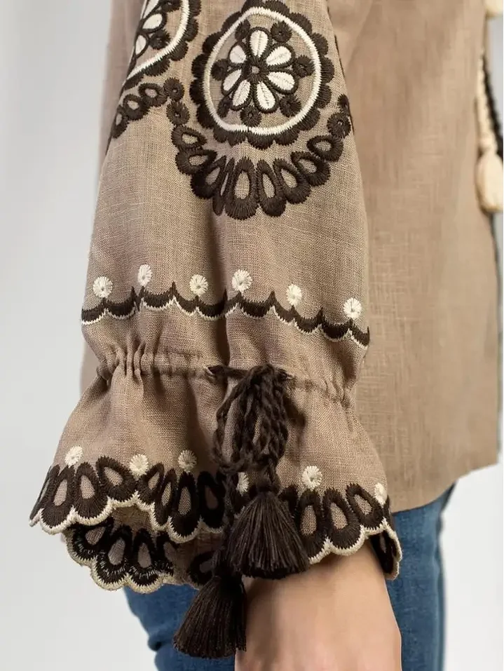 New Arrival Summer Cotton Blouse Embroidered Long Sleeves With Tassel Design Top Vintage Romanian Shirts For Summer Party Favour